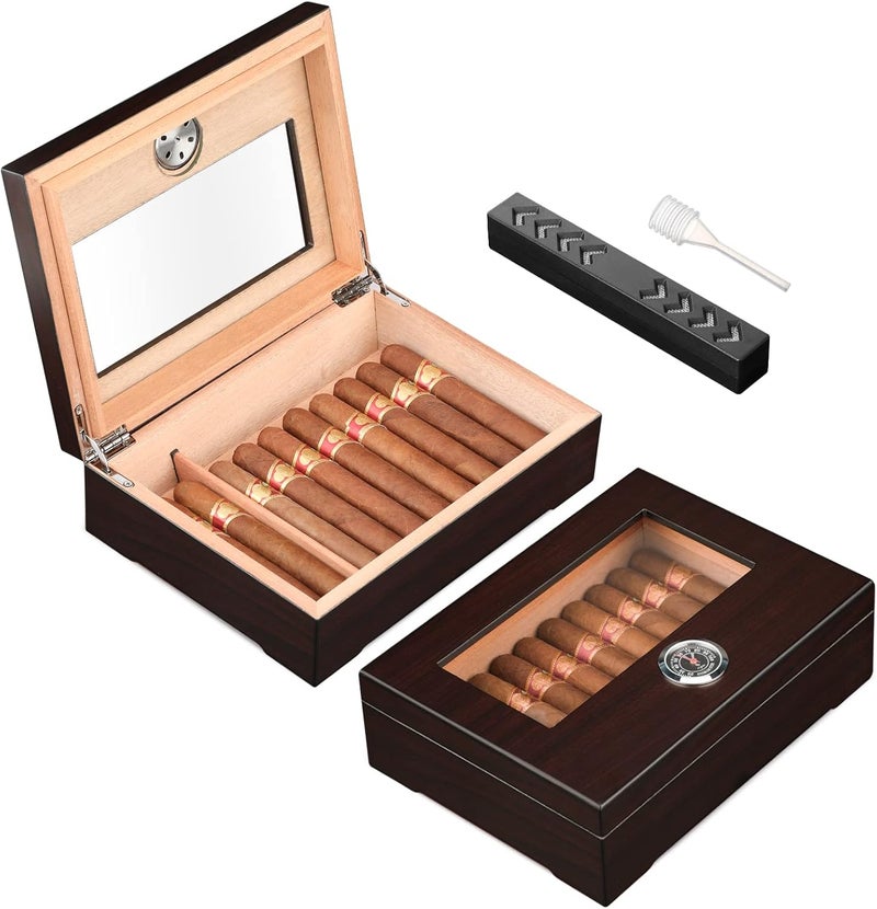 TISFA Cigar Humidor, Glass Top Cigar Box with Hygrometer Humidifier and Divider, Desktop Cedar Wood Storage Case Holds 20-30 Cigars (Dark Brown) - Image 1